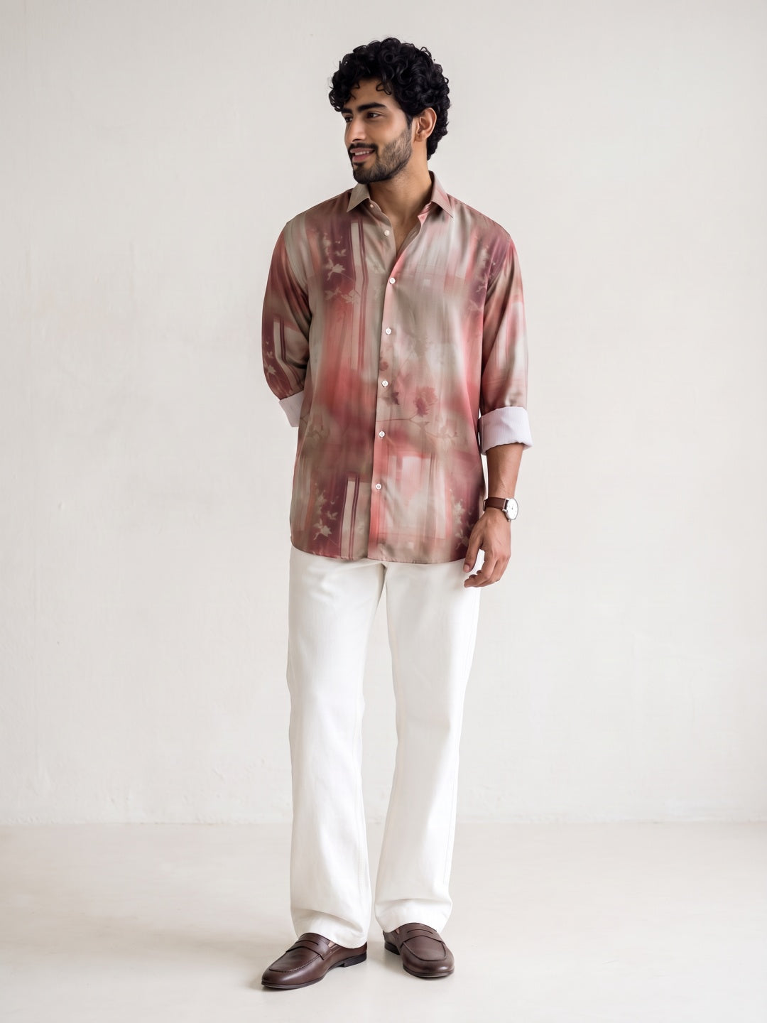 Rust Abstract Botanical Printed Tencel Slim Fit Shirt