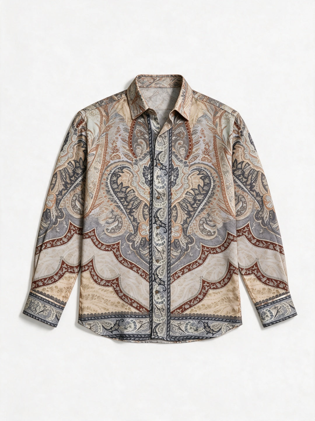 Beige Vintage Paisley Printed Tencel Slim Fit Shirt