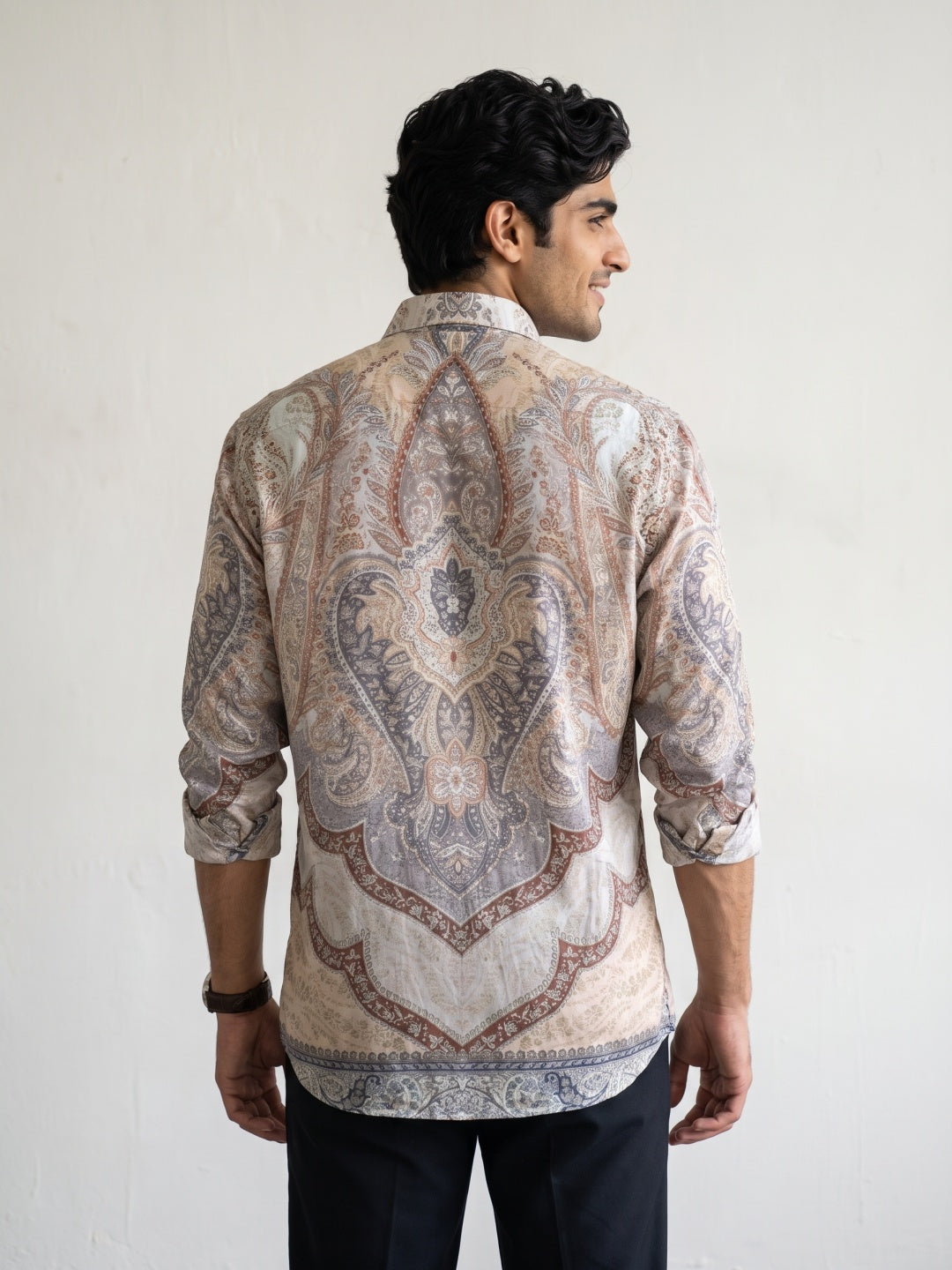 Beige Vintage Paisley Printed Tencel Slim Fit Shirt