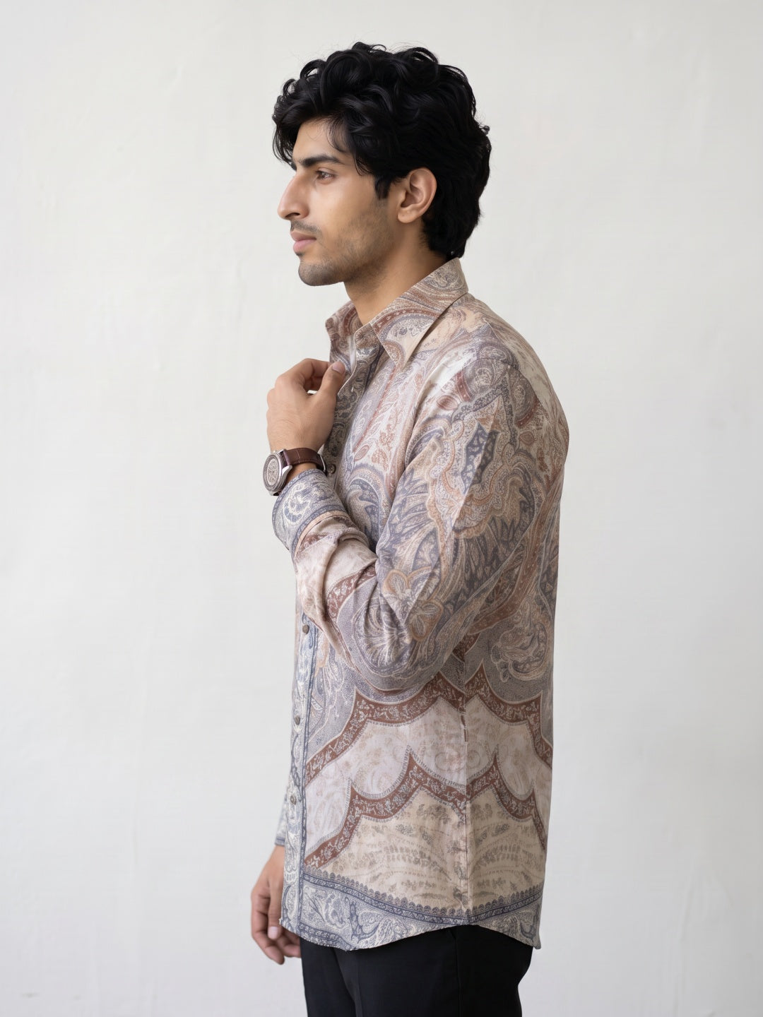 Beige Vintage Paisley Printed Tencel Slim Fit Shirt