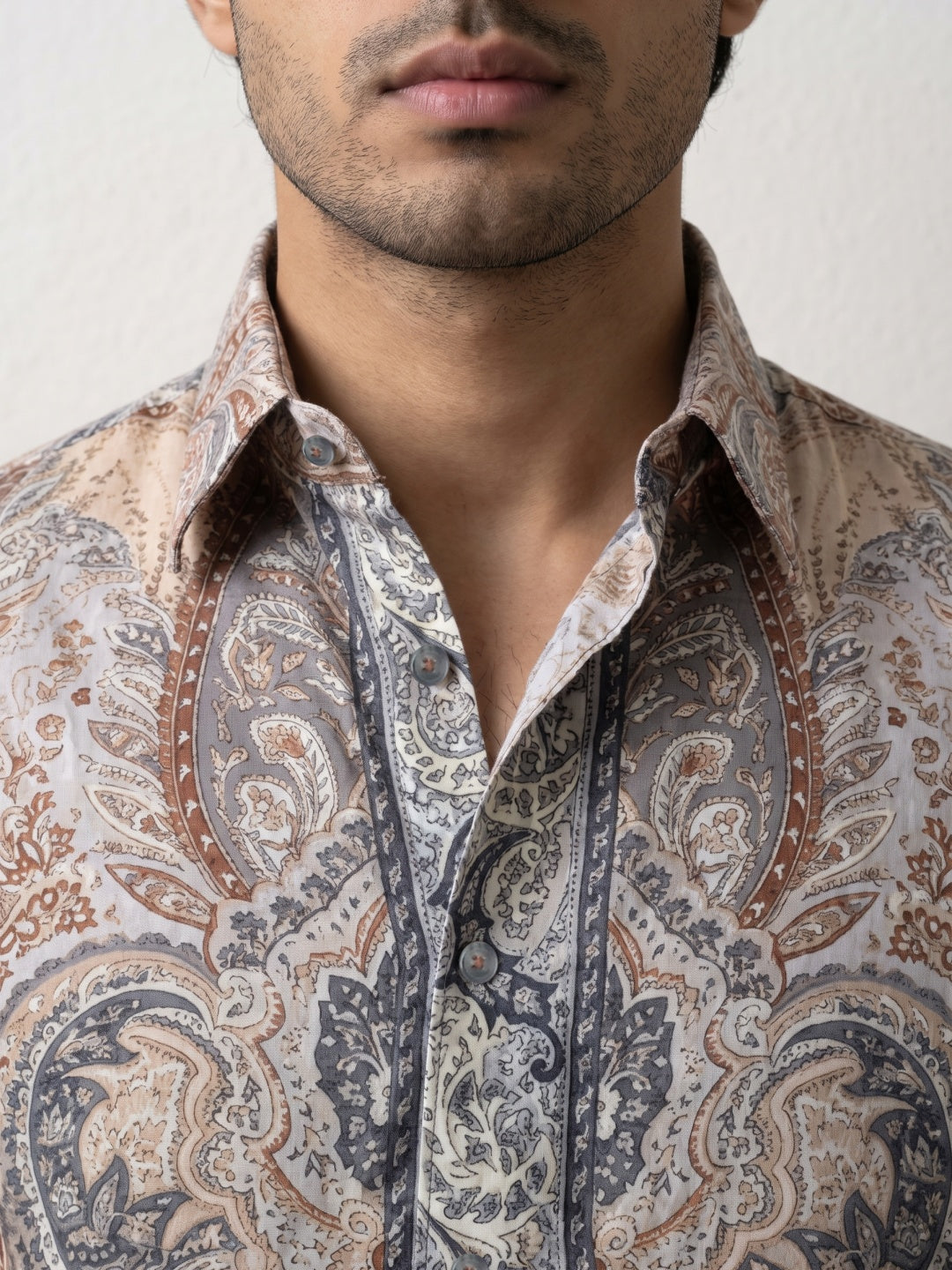 Beige Vintage Paisley Printed Tencel Slim Fit Shirt