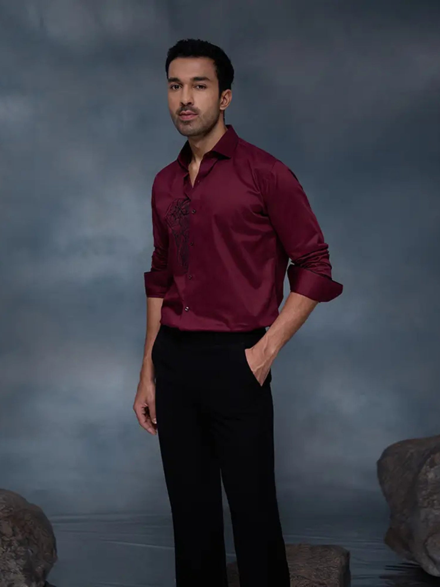 Maroon Elephant Motif Embroidered Premium Cotton Slim Fit Shirt
