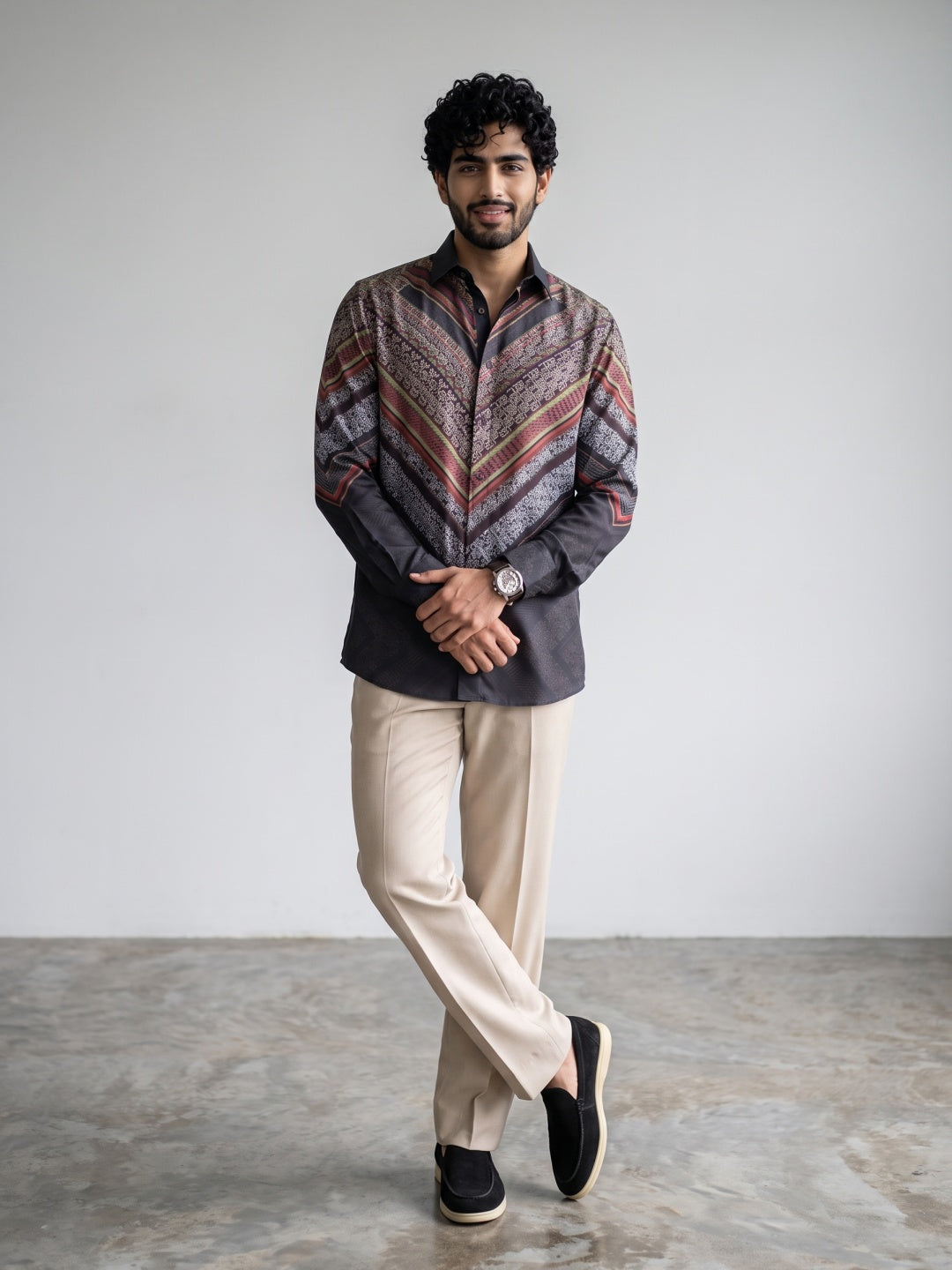 Multicolour Chevron Tribal Printed Tencel Slim Fit Shirt