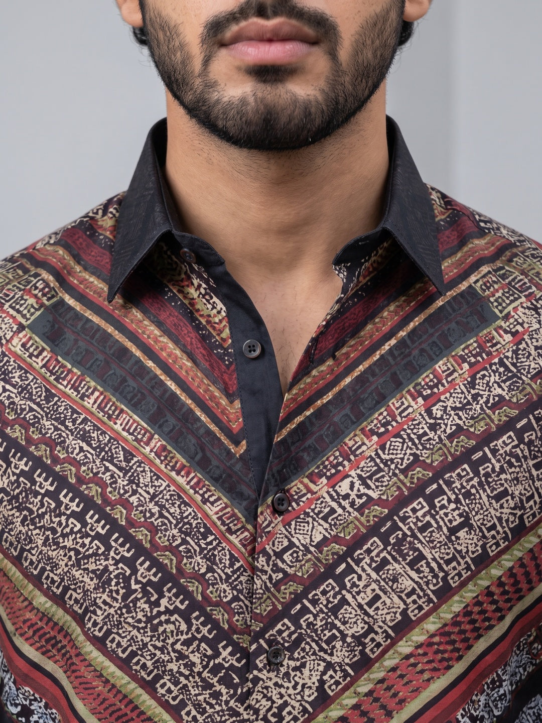 Multicolour Chevron Tribal Printed Tencel Slim Fit Shirt