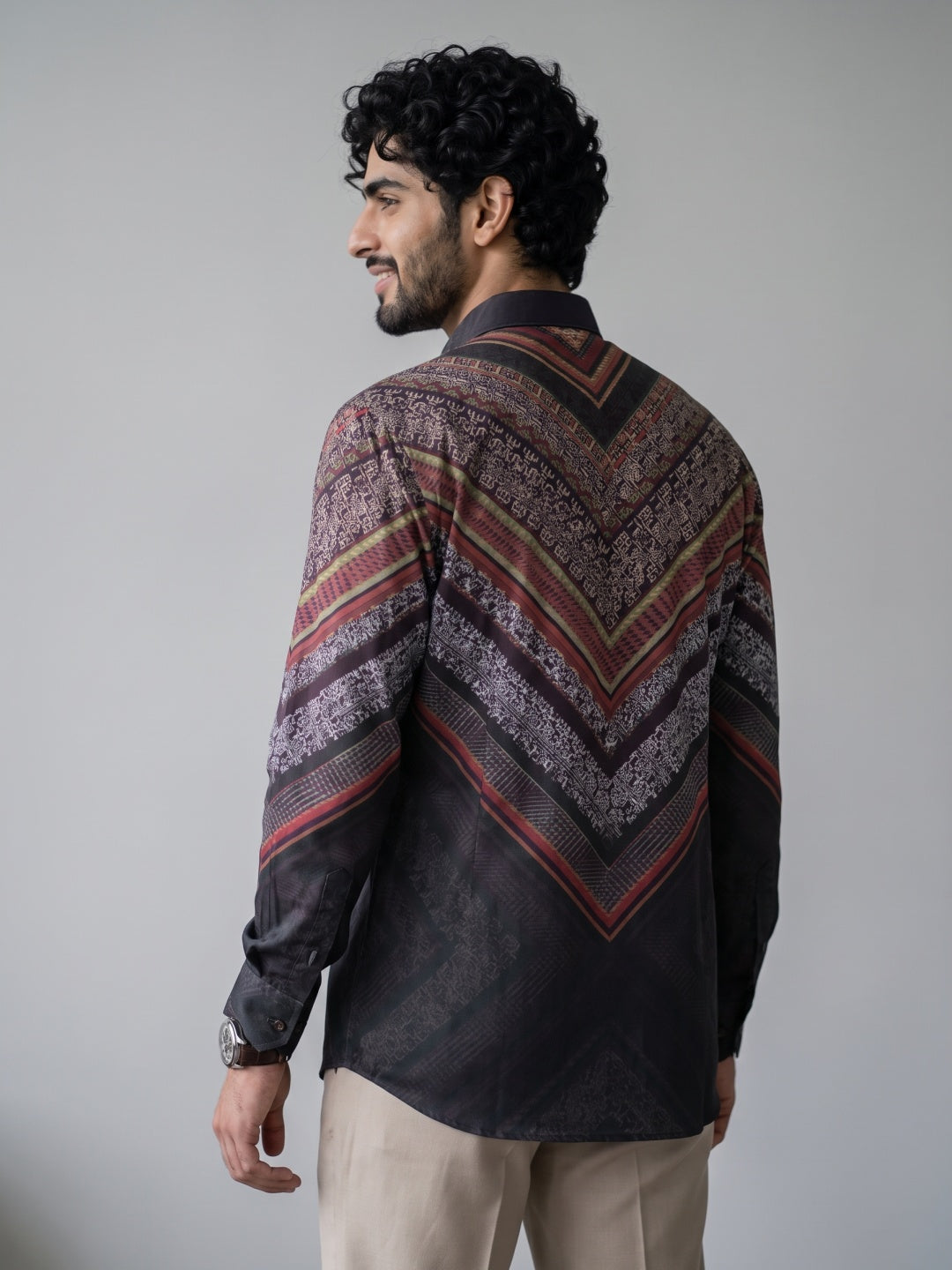Multicolour Chevron Tribal Printed Tencel Slim Fit Shirt