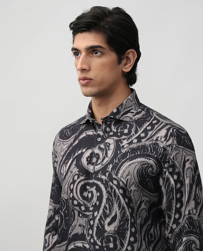 Men's Dark Grey Paisley Printed Tencel Party Wear Shirt