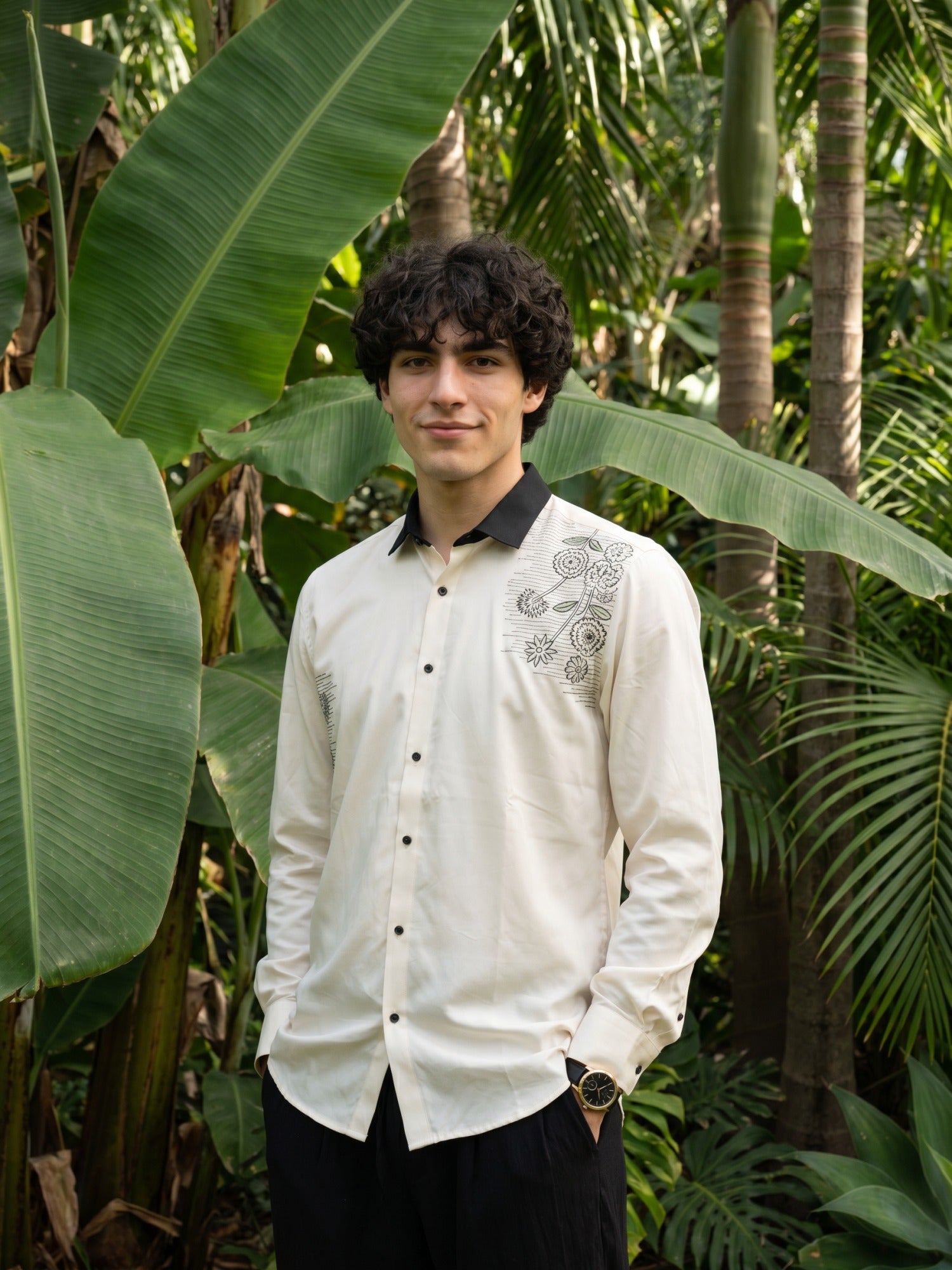 White Premium Floral Embroidered Cotton Slim Fit Shirt For Men