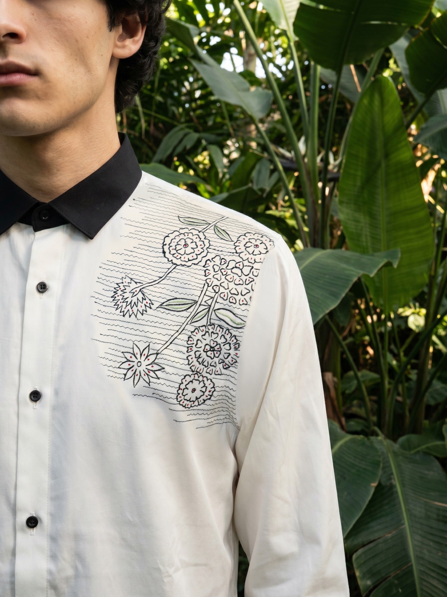 White Premium Floral Embroidered Cotton Slim Fit Shirt For Men