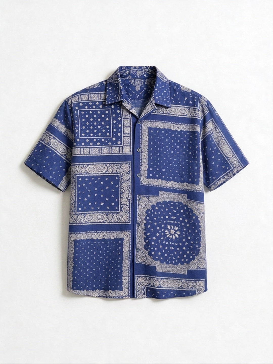 Royal Blue Bandana Printed Tencel Cuban Collar Shirt
