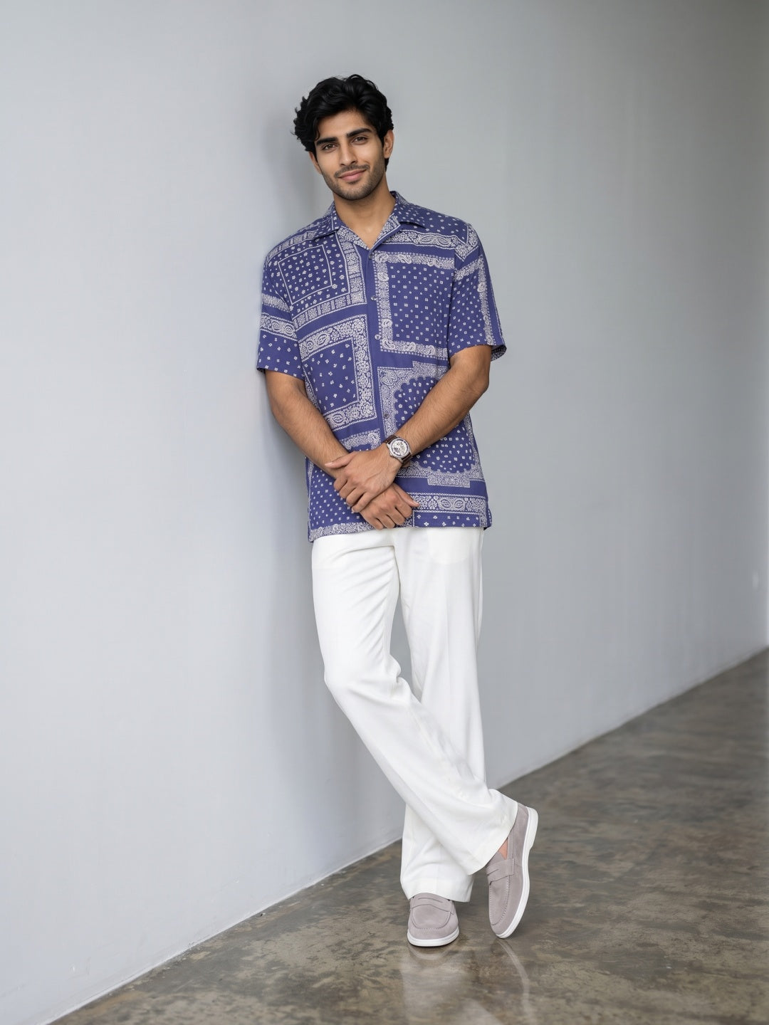 Royal Blue Bandana Printed Tencel Cuban Collar Shirt