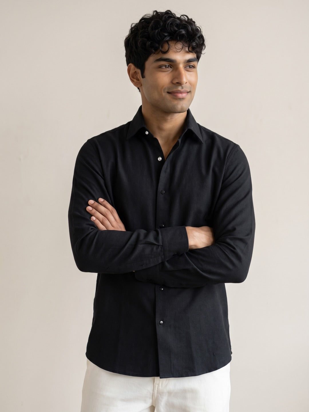 Black Thai Silk Slim Fit Plain Shirt