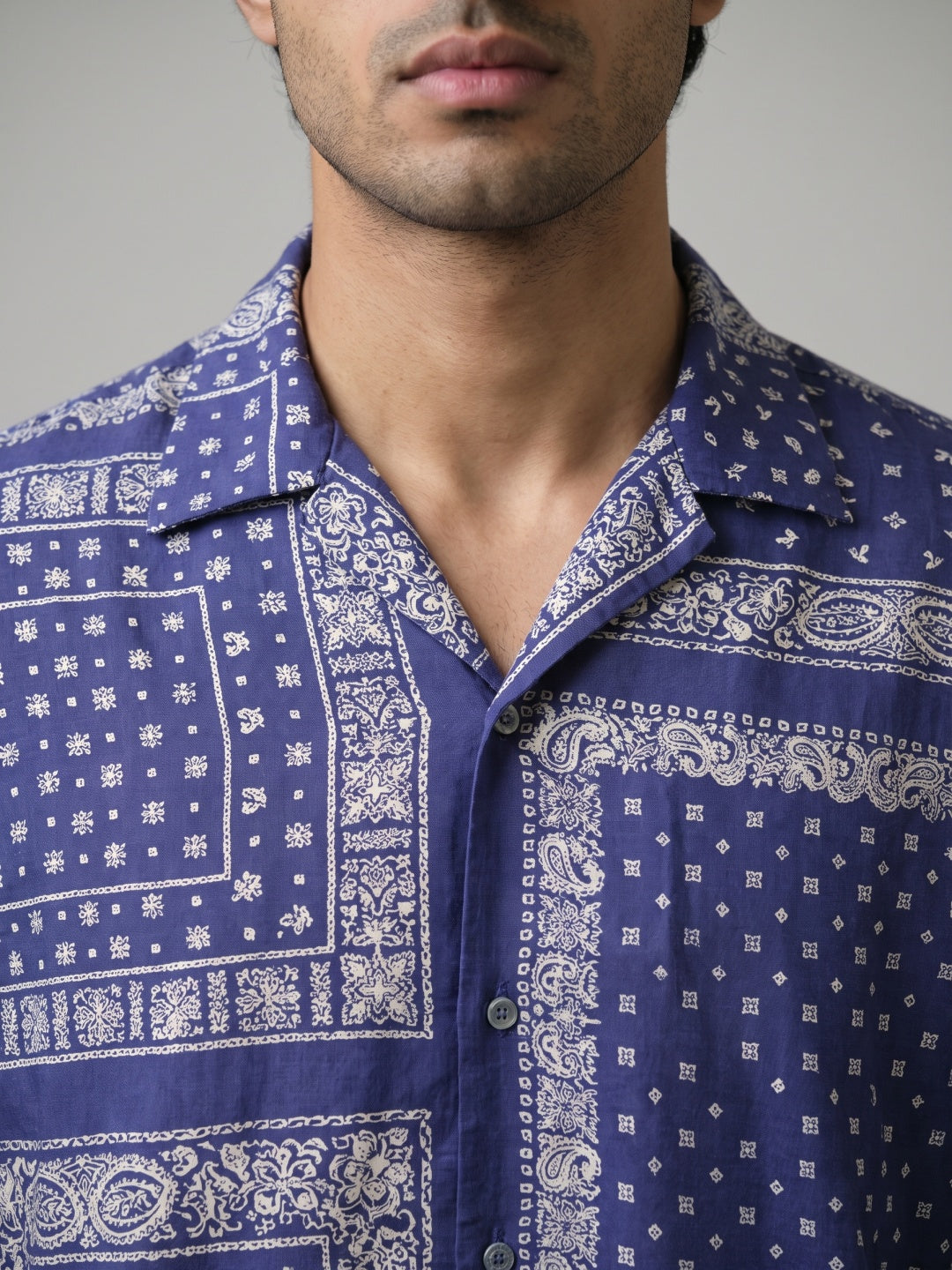 Royal Blue Bandana Printed Tencel Cuban Collar Shirt
