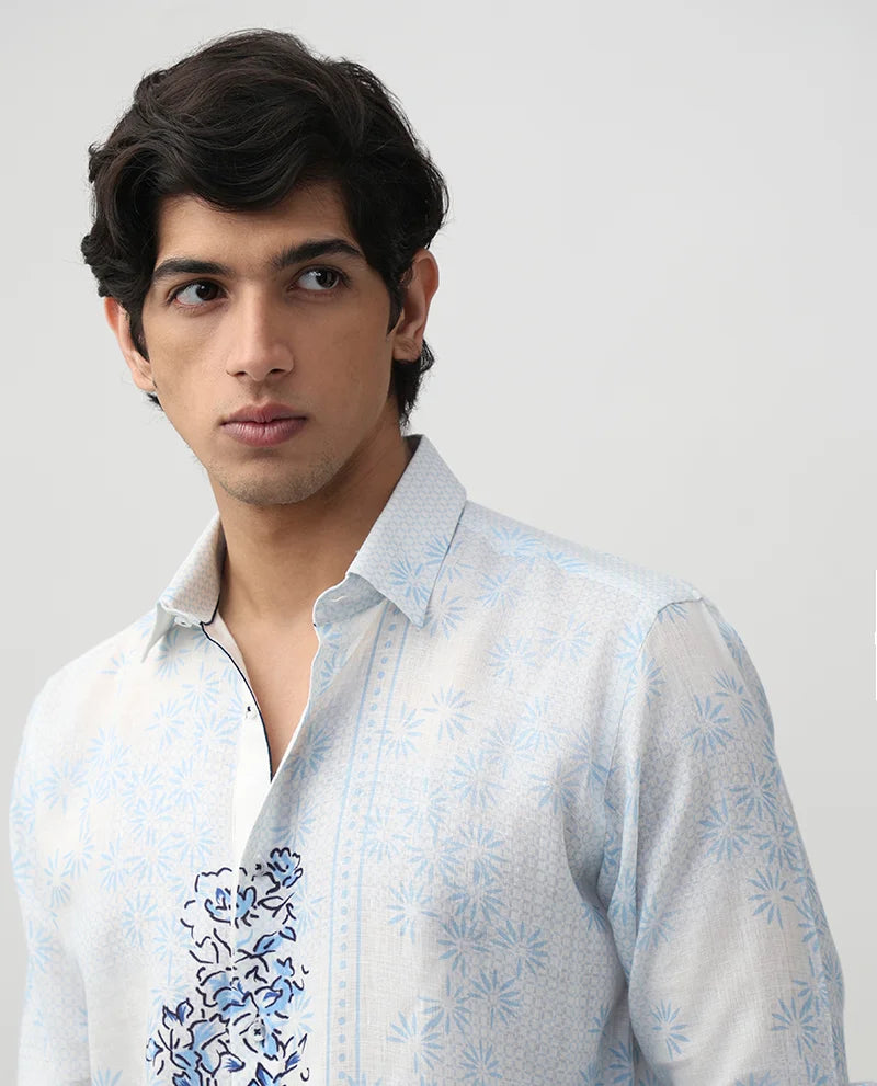 Sky Blue Linen Slim Fit Men's Printed Shirt