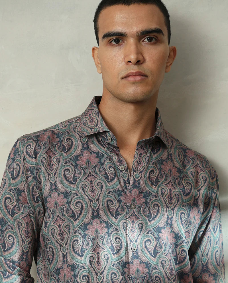 Peacock Print Green Full Sleeves Men's Cotton Shirt