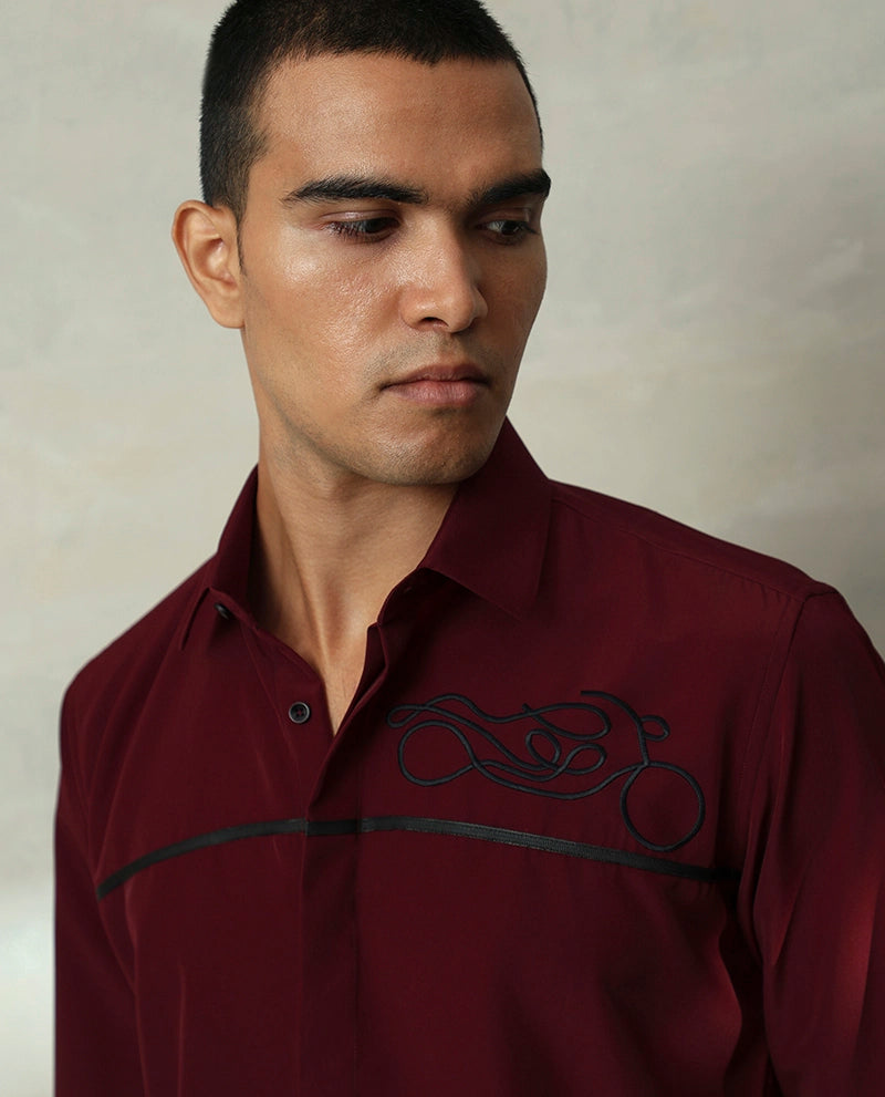 Wine Embroidered Regular Slim Fit Cotton Men Shirt India