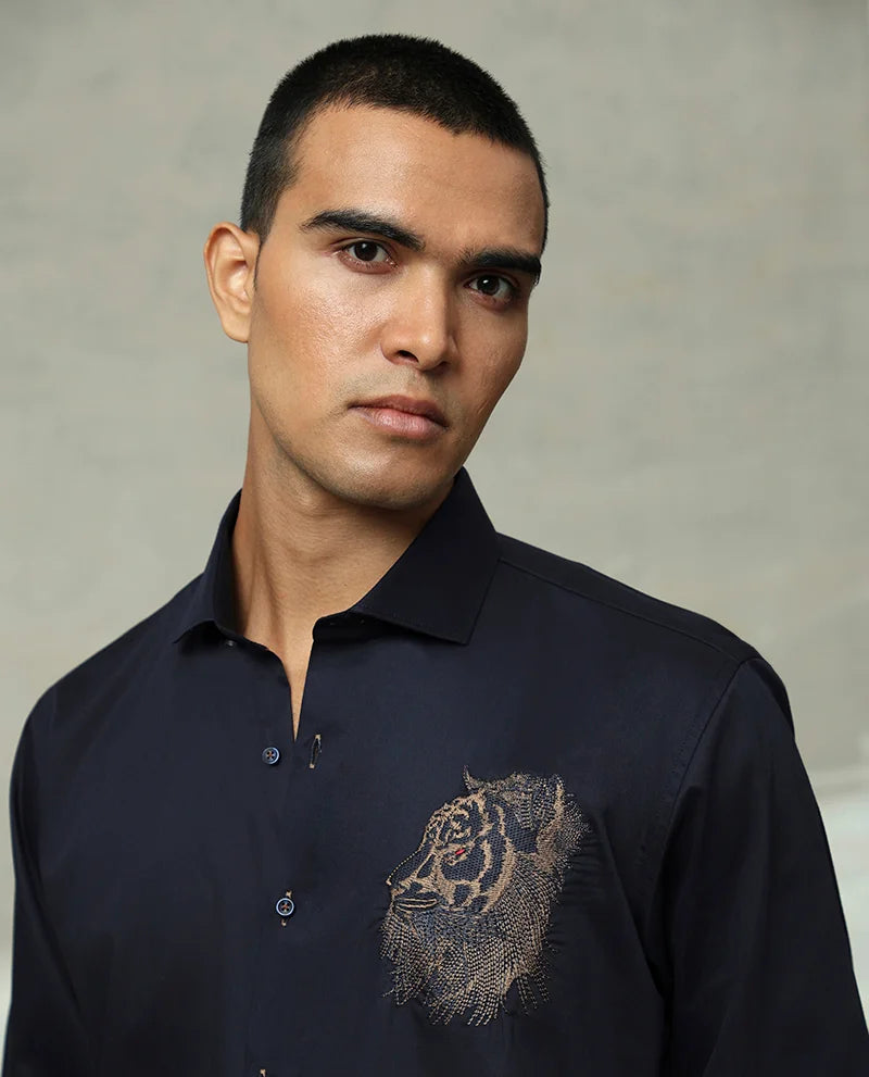 Navy Slim Fit Cutaway Embroidered Men Premium Cotton Shirt India