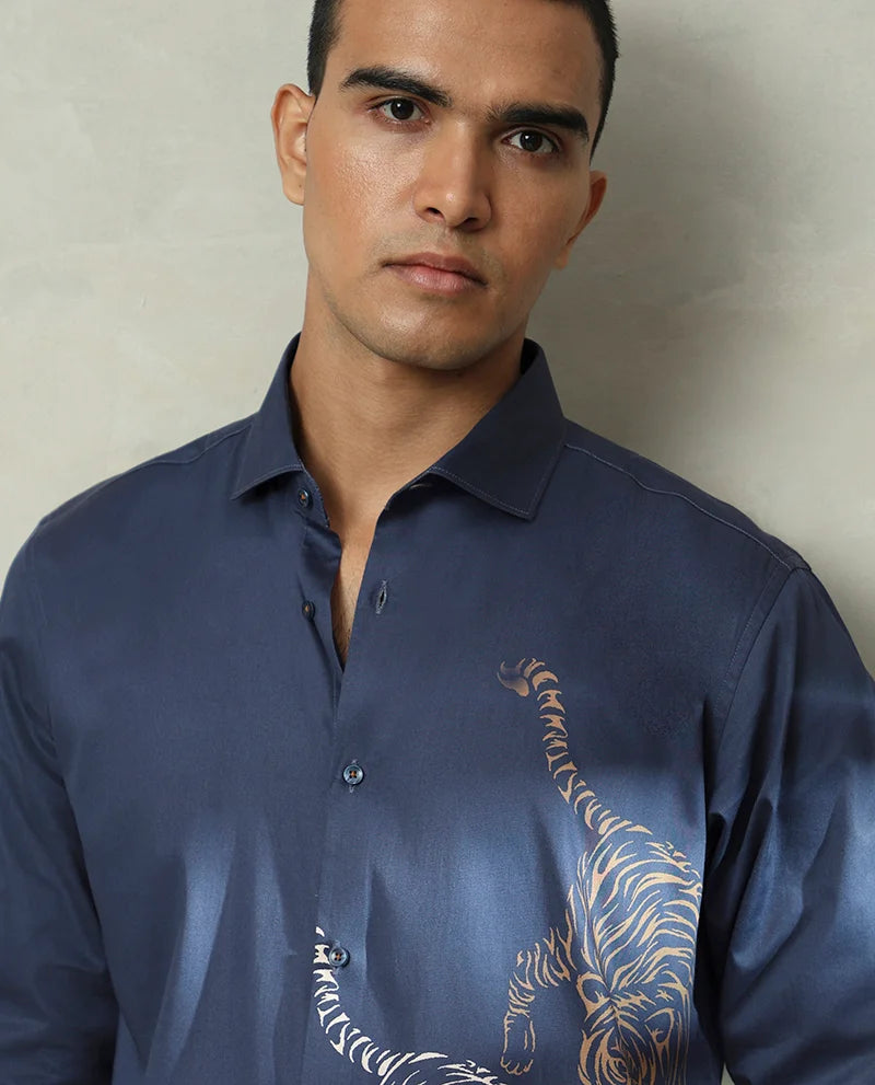 Navy Tiger Printed Luxury Quality Branded Cotton Men's Shirt