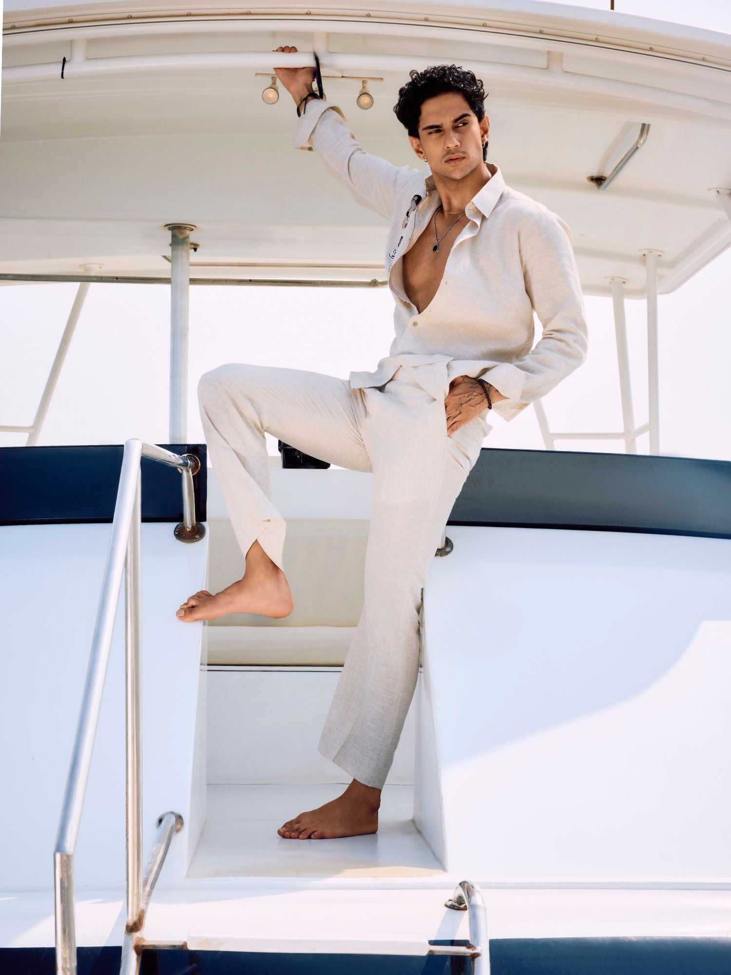 Natural Linen Teddy Embroidered Shirt for Men