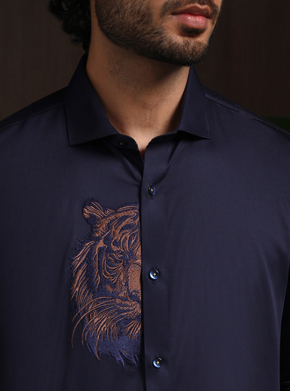 Navy Blue Motif Embroidered Premium Cotton Slim Fit Shirt
