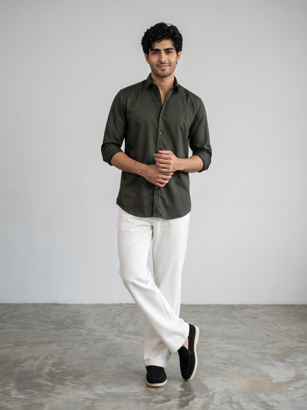 Green Terry Rayon Slim Fit Shirt with Embroidery