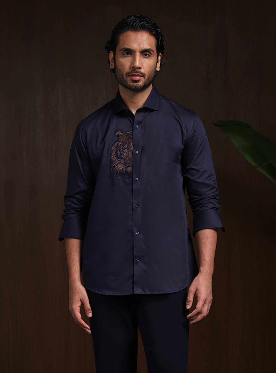 Navy Blue Motif Embroidered Premium Cotton Slim Fit Shirt