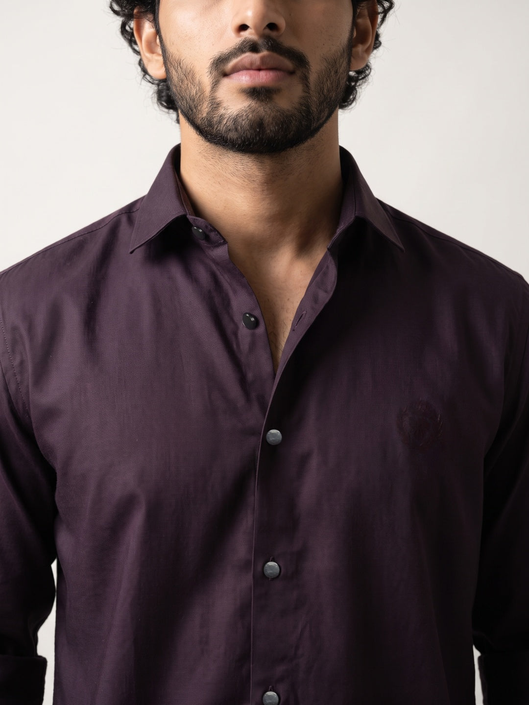 Wine Terry Rayon Slim Fit Shirt with Embroidery