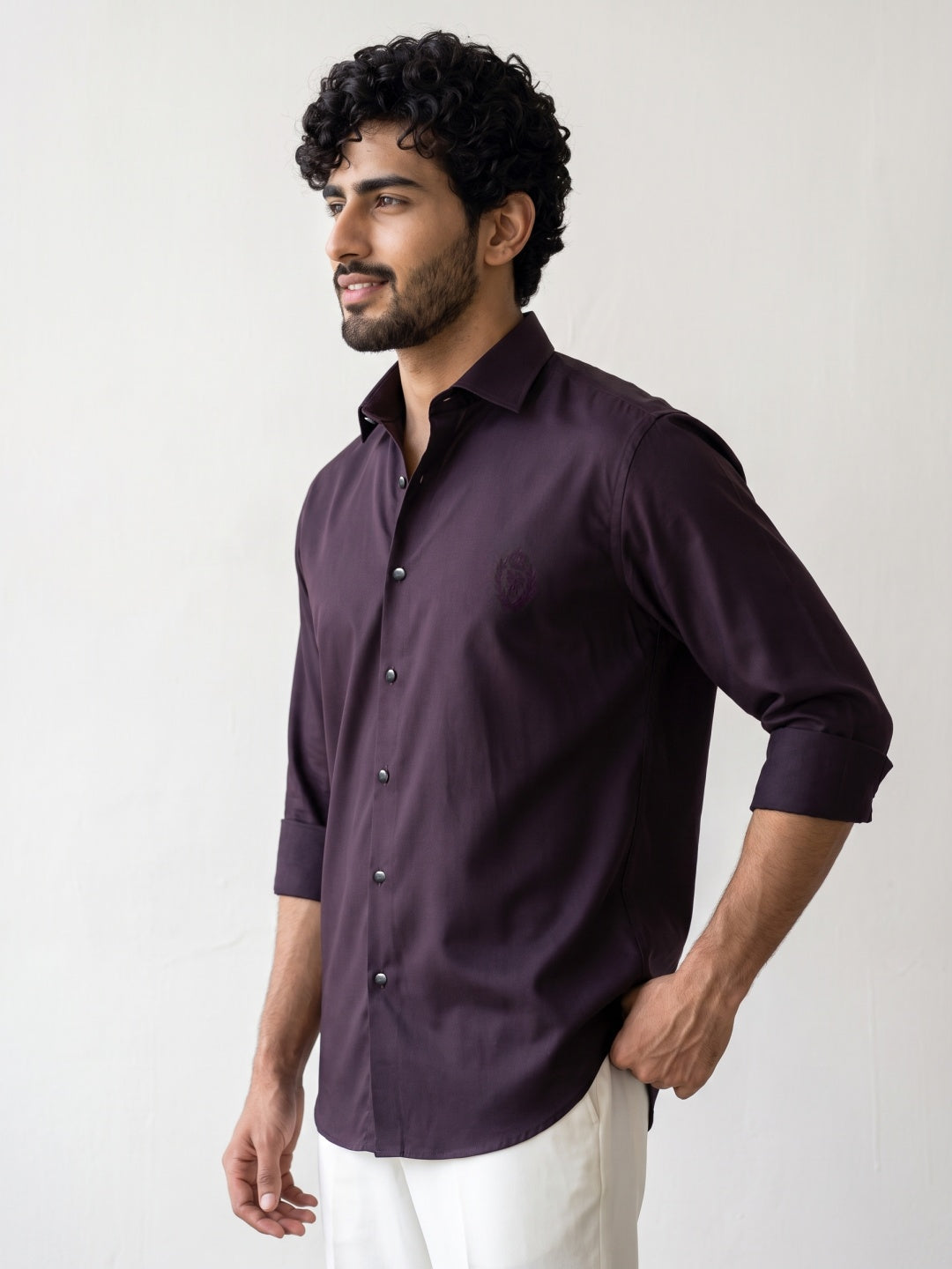 Wine Terry Rayon Slim Fit Shirt with Embroidery