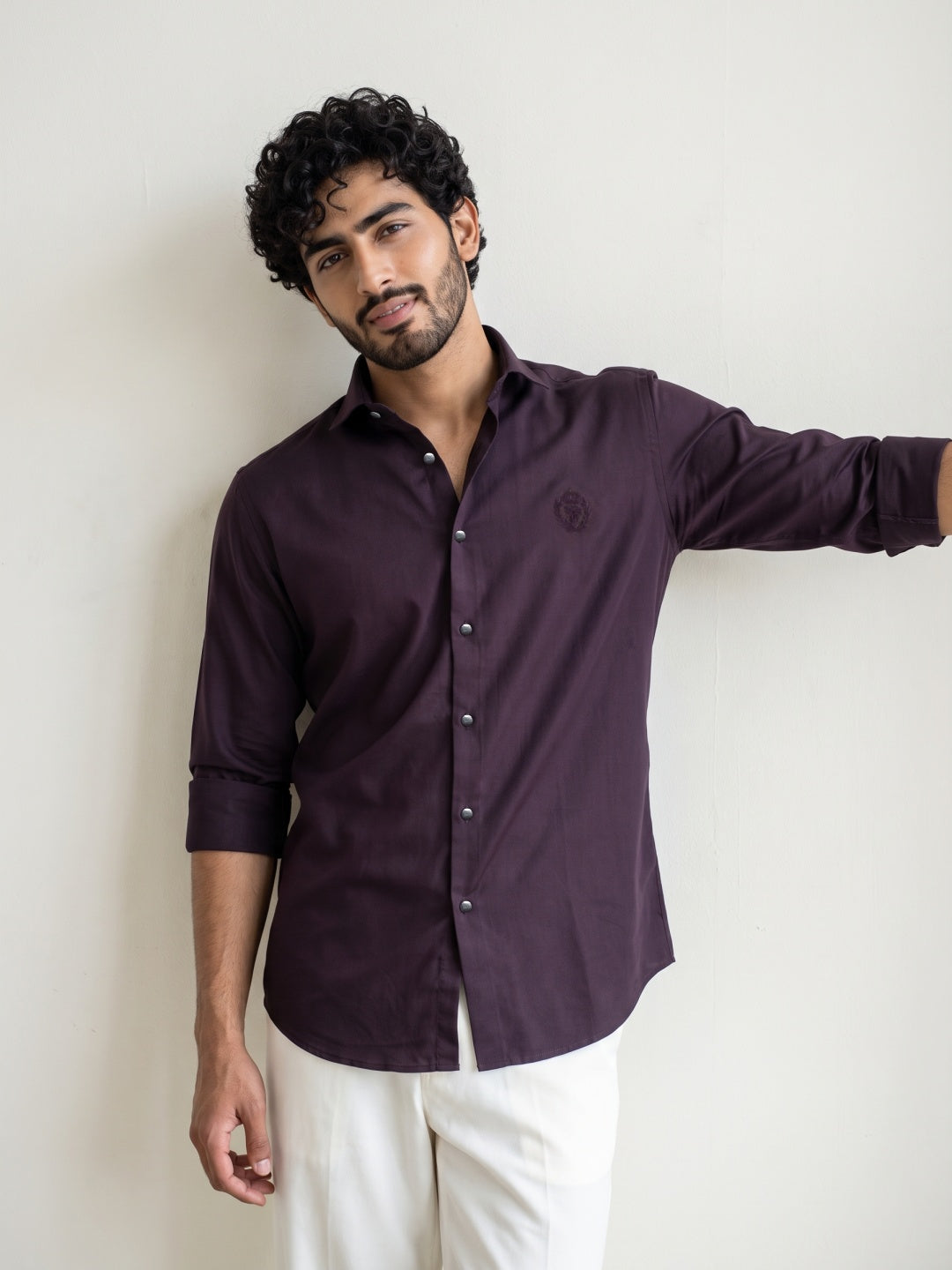 Wine Terry Rayon Slim Fit Shirt with Embroidery