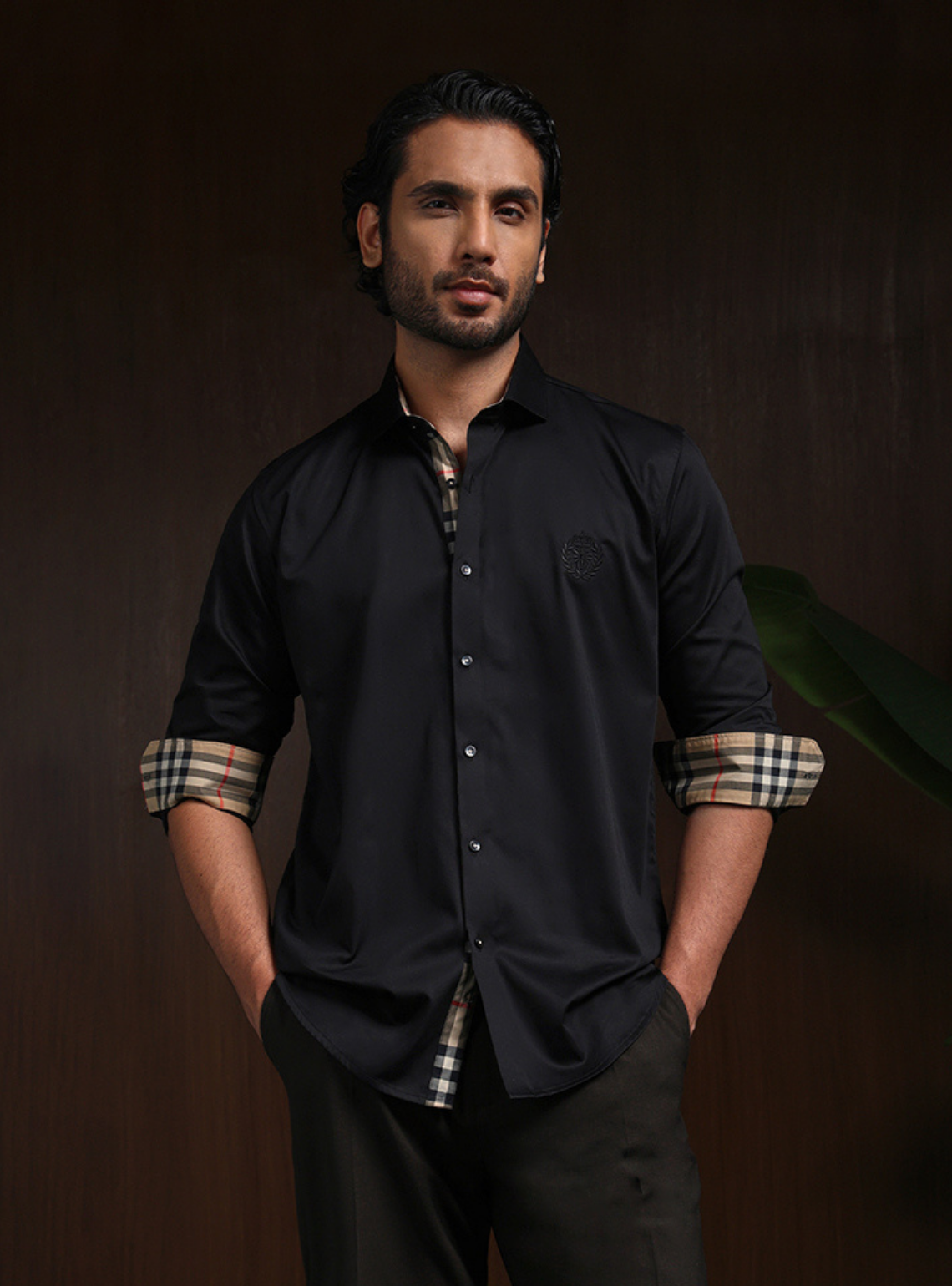 Black Slim Fit Cotton Shirt with Elegant Embroidery Detailing