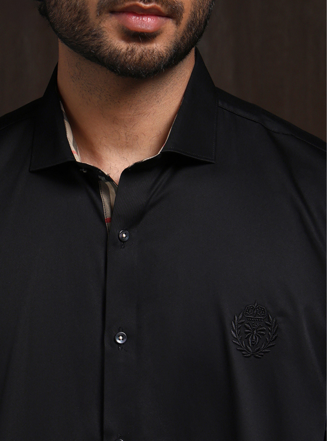 Black Slim Fit Cotton Shirt with Elegant Embroidery Detailing