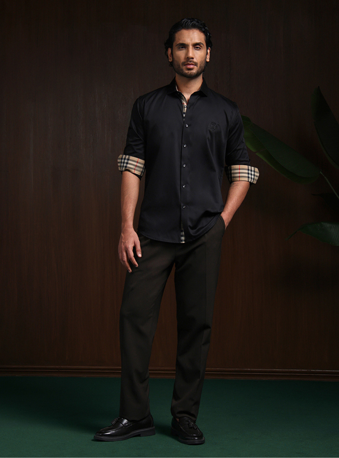 Black Slim Fit Cotton Shirt with Elegant Embroidery Detailing