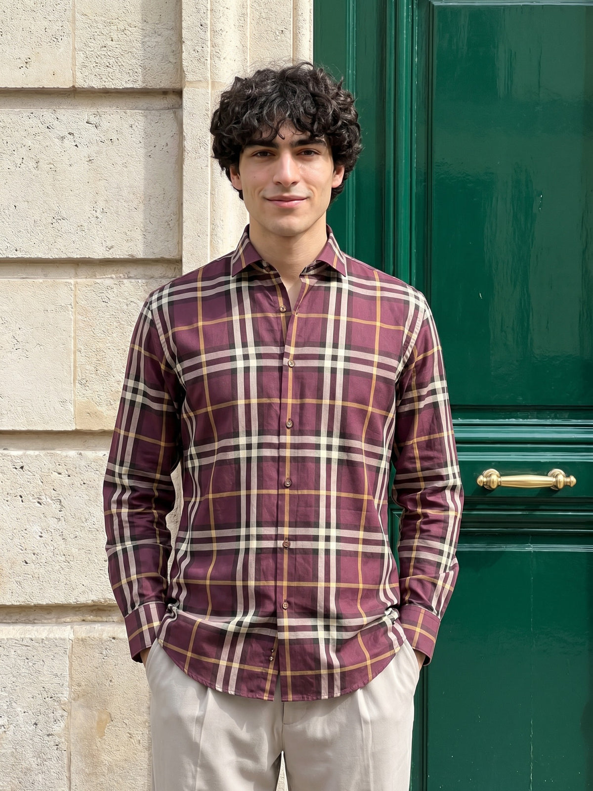 Wine Checks Cotton Slim Fit Shirt For Men
