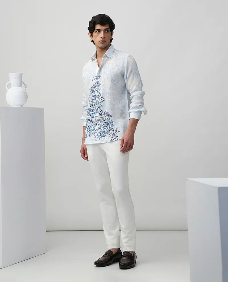 Sky Blue Linen Slim Fit Men's Printed Shirt