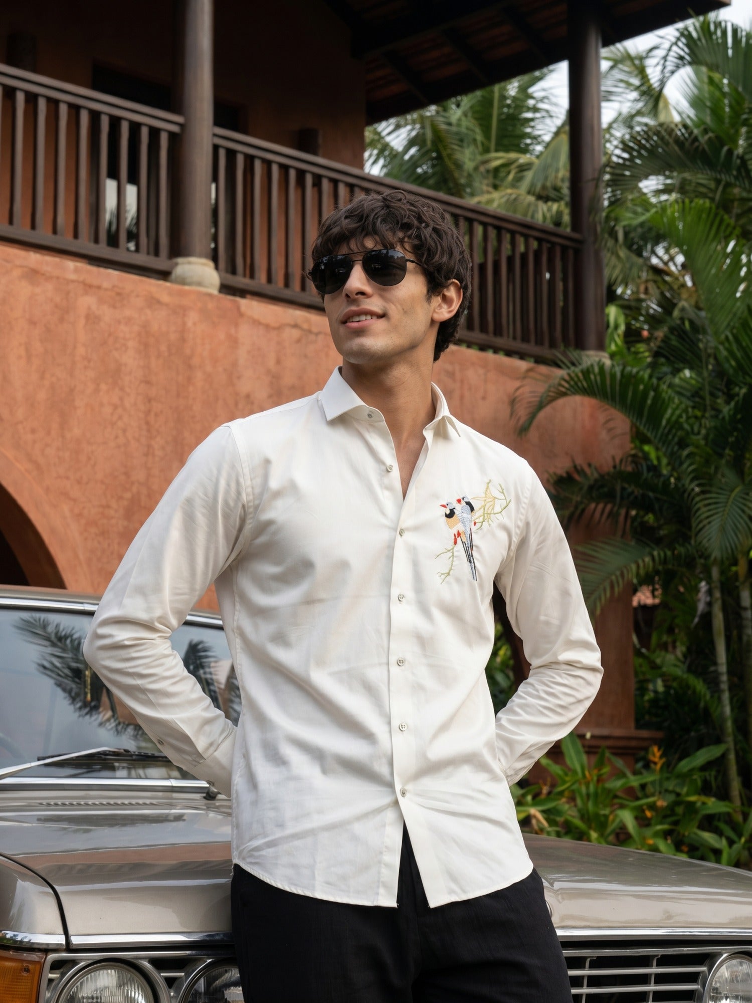 White Bird Embroidered Cotton Cutaway Collared Shirt For Men