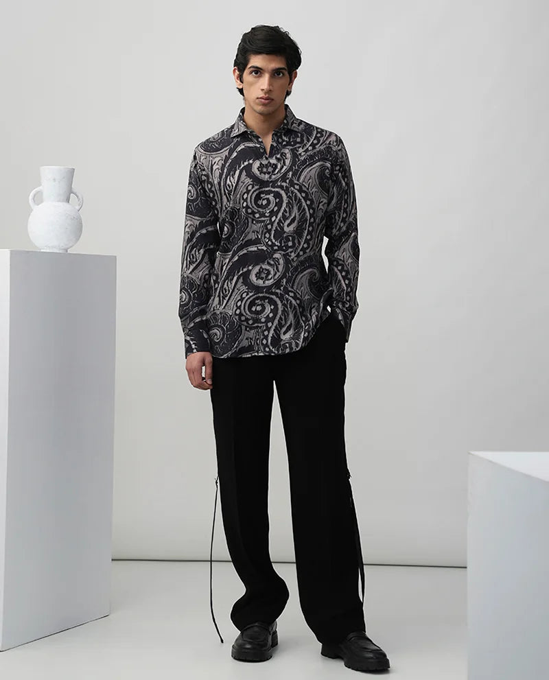 Men's Dark Grey Paisley Printed Tencel Party Wear Shirt