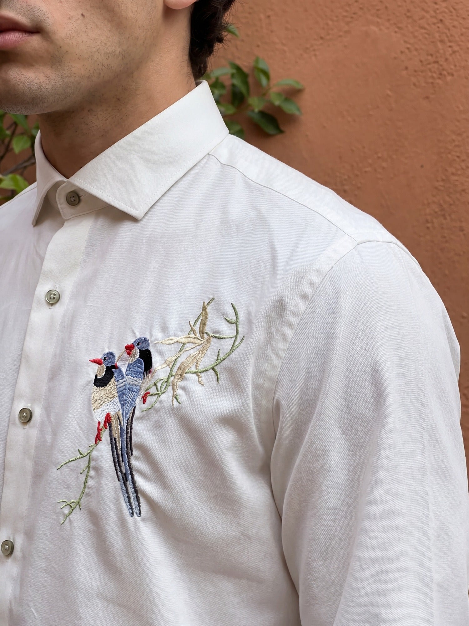 White Bird Embroidered Cotton Cutaway Collared Shirt For Men
