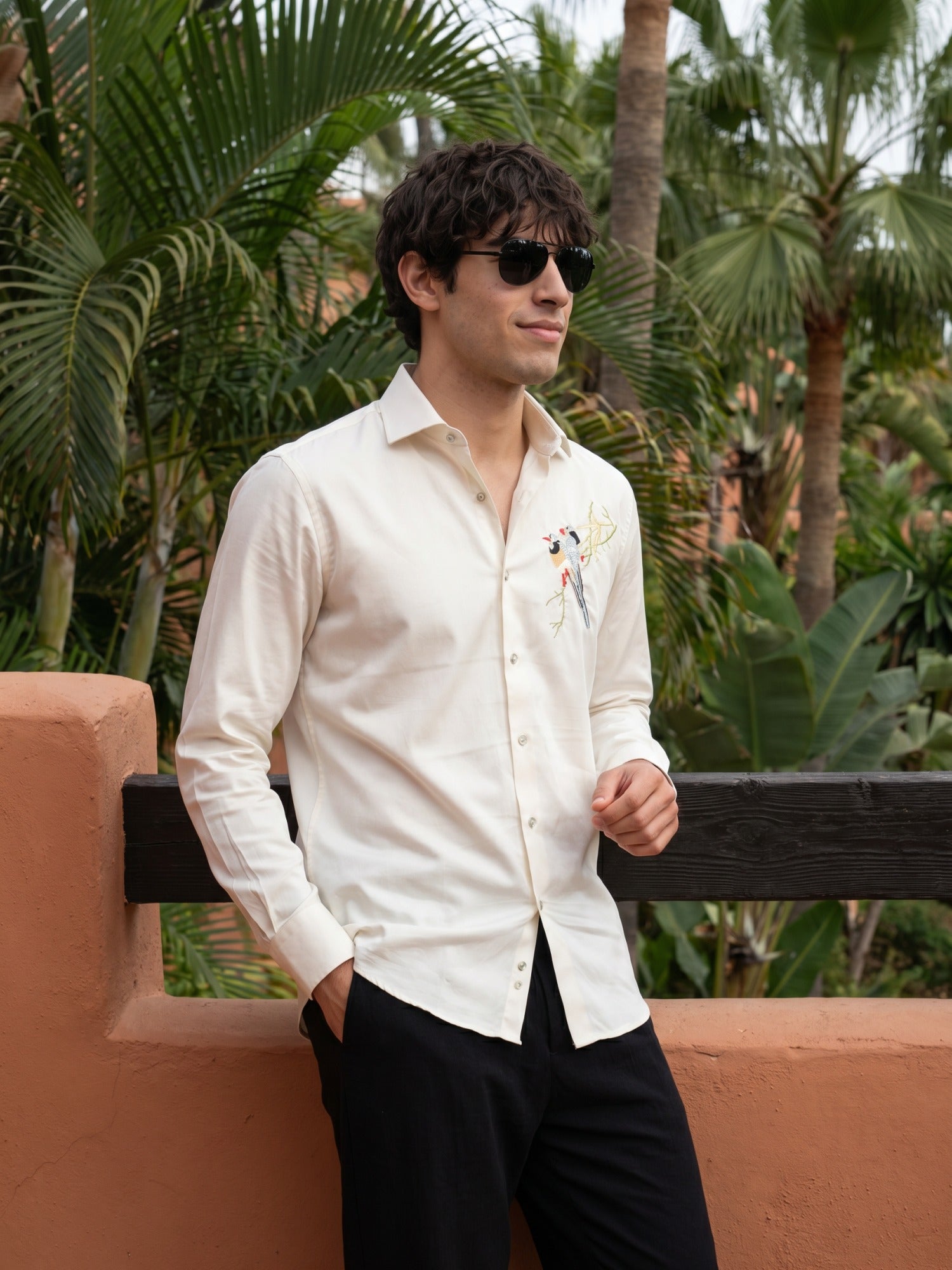 White Bird Embroidered Cotton Cutaway Collared Shirt For Men