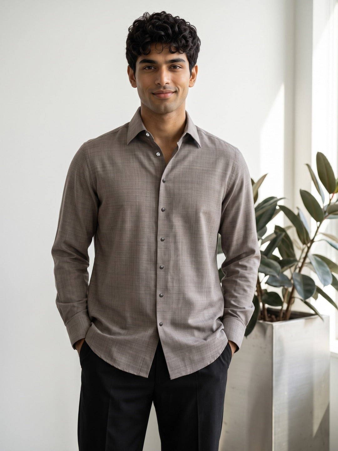 Earth Tone Thai Silk Slim Fit Plain Shirt