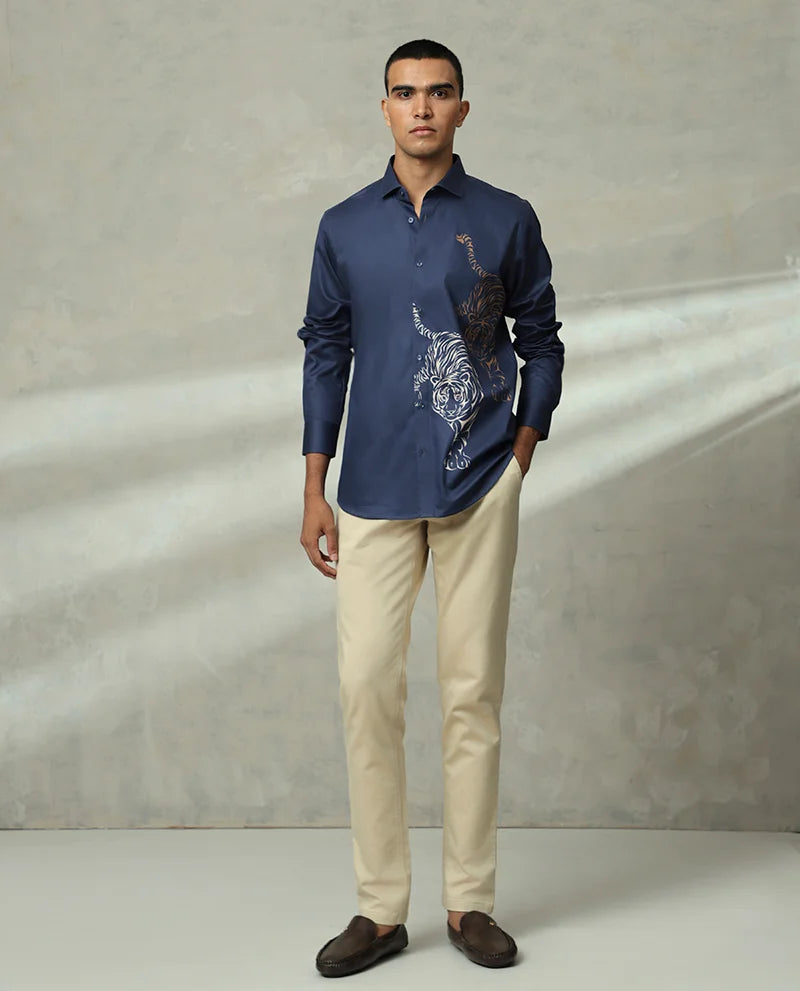 Navy Tiger Printed Luxury Quality Branded Cotton Men's Shirt