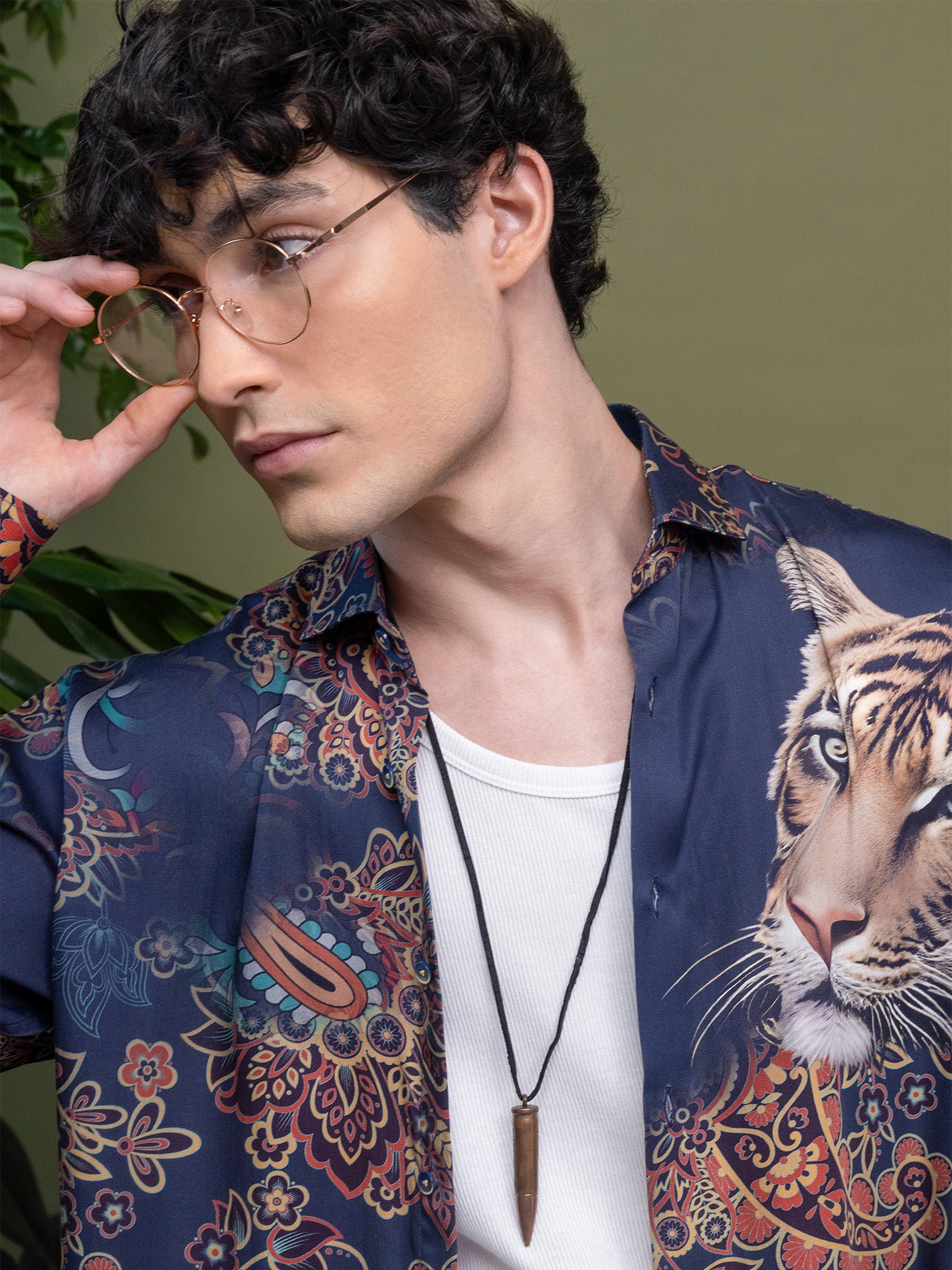 Navy Blue Tiger & Multi-Colour Geometric Floral Print Full Sleeve Shirt