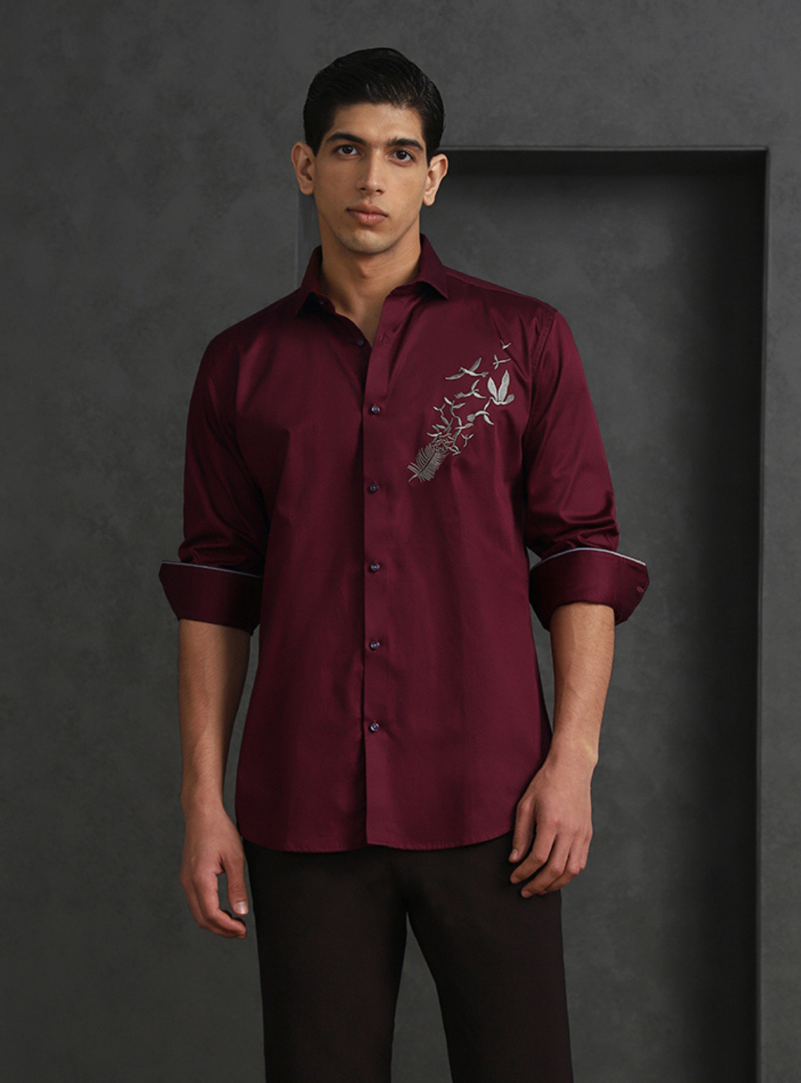 Maroon Slim Fit Cotton Shirt with Distinctive Embroideried Style