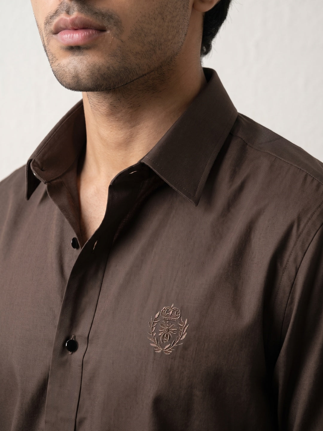 Brown Terry Rayon Slim Fit Shirt with Embroidery