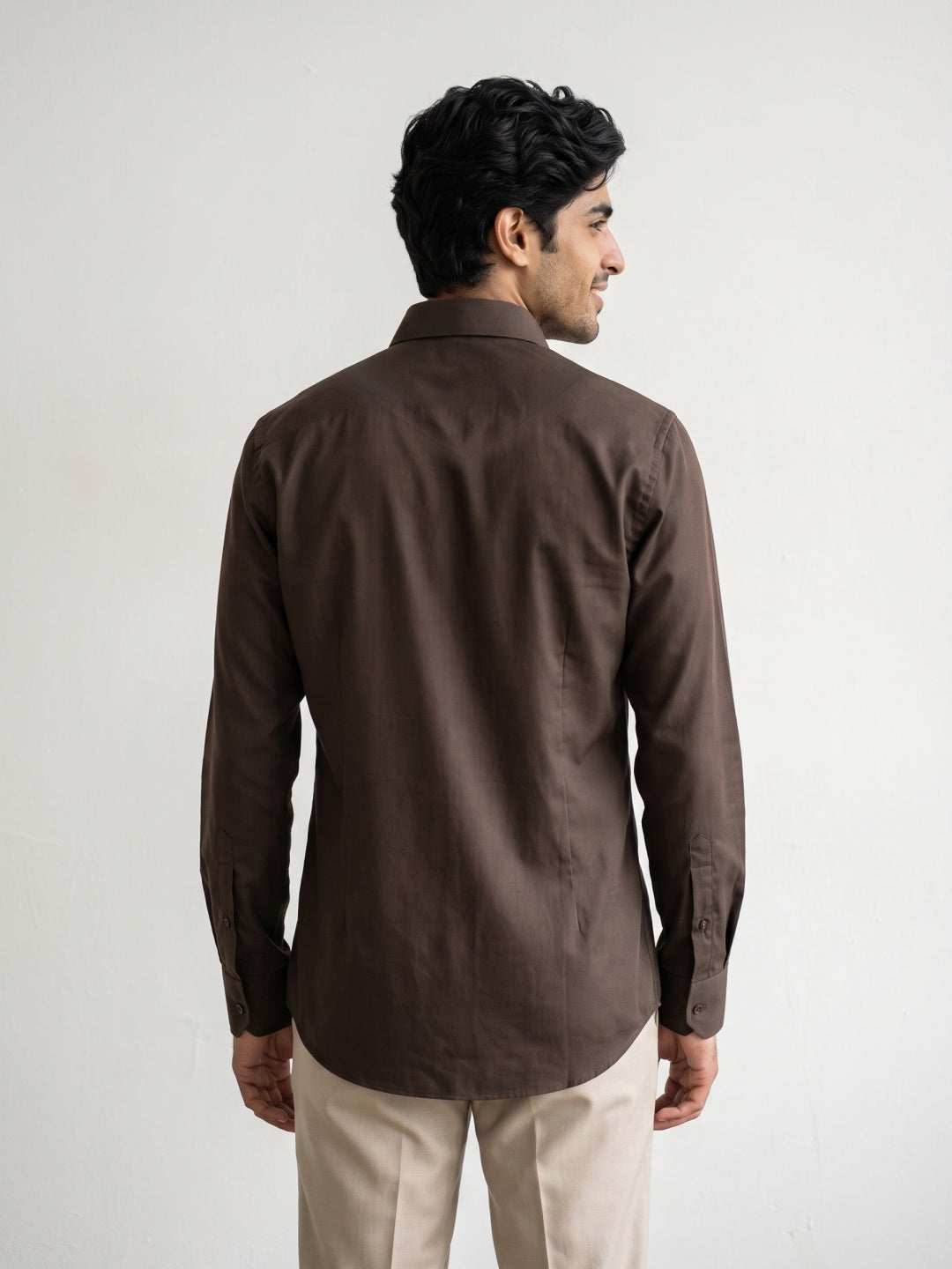 Brown Terry Rayon Slim Fit Shirt with Embroidery