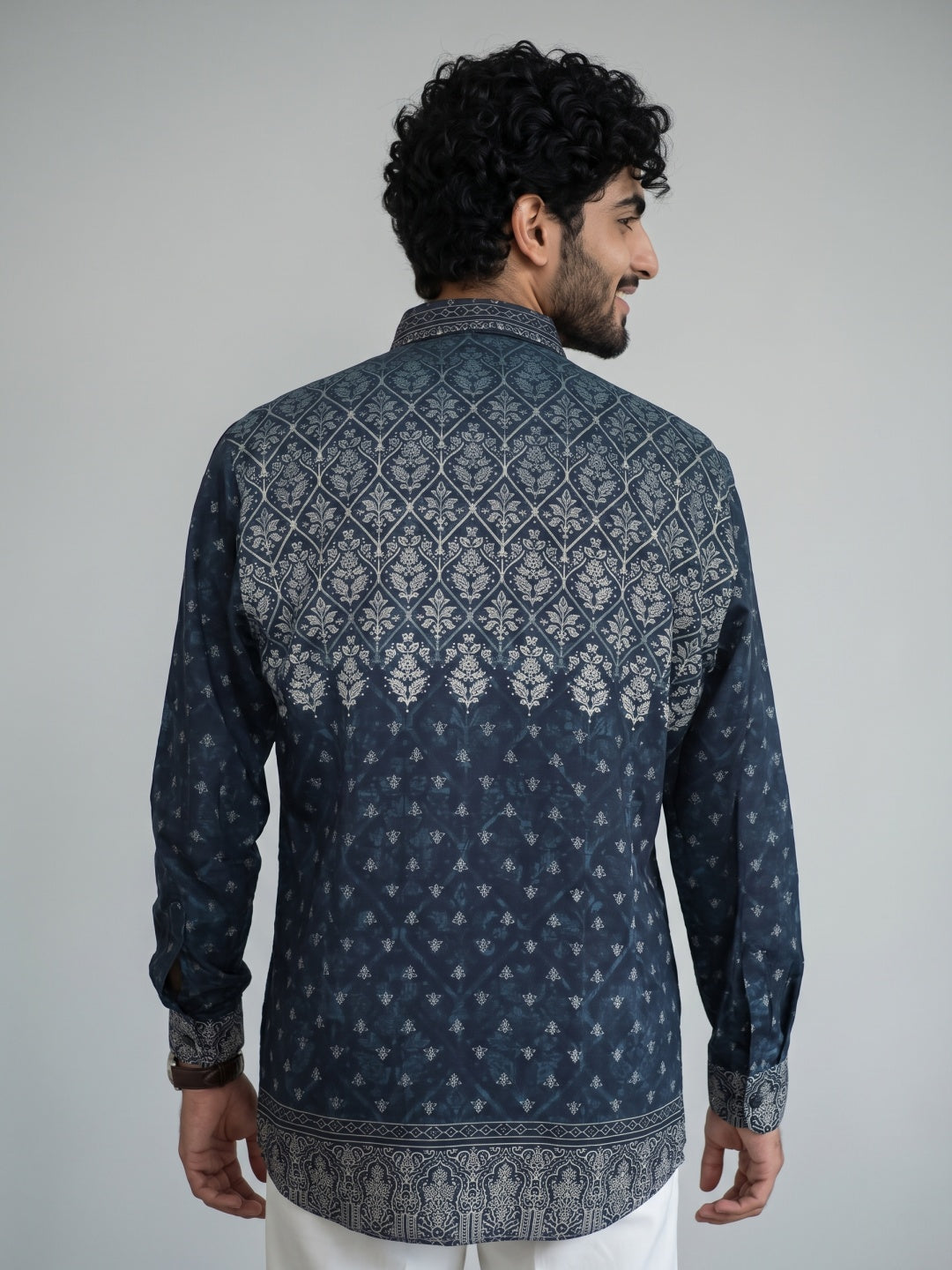 Blue Geometric Floral Printed Tencel Slim Fit Shirt