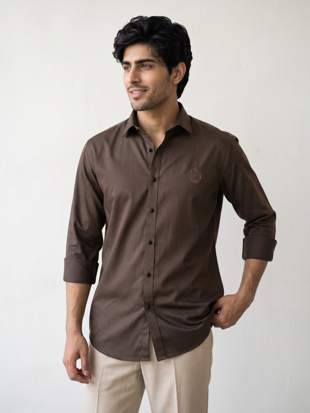 Brown Terry Rayon Slim Fit Shirt with Embroidery