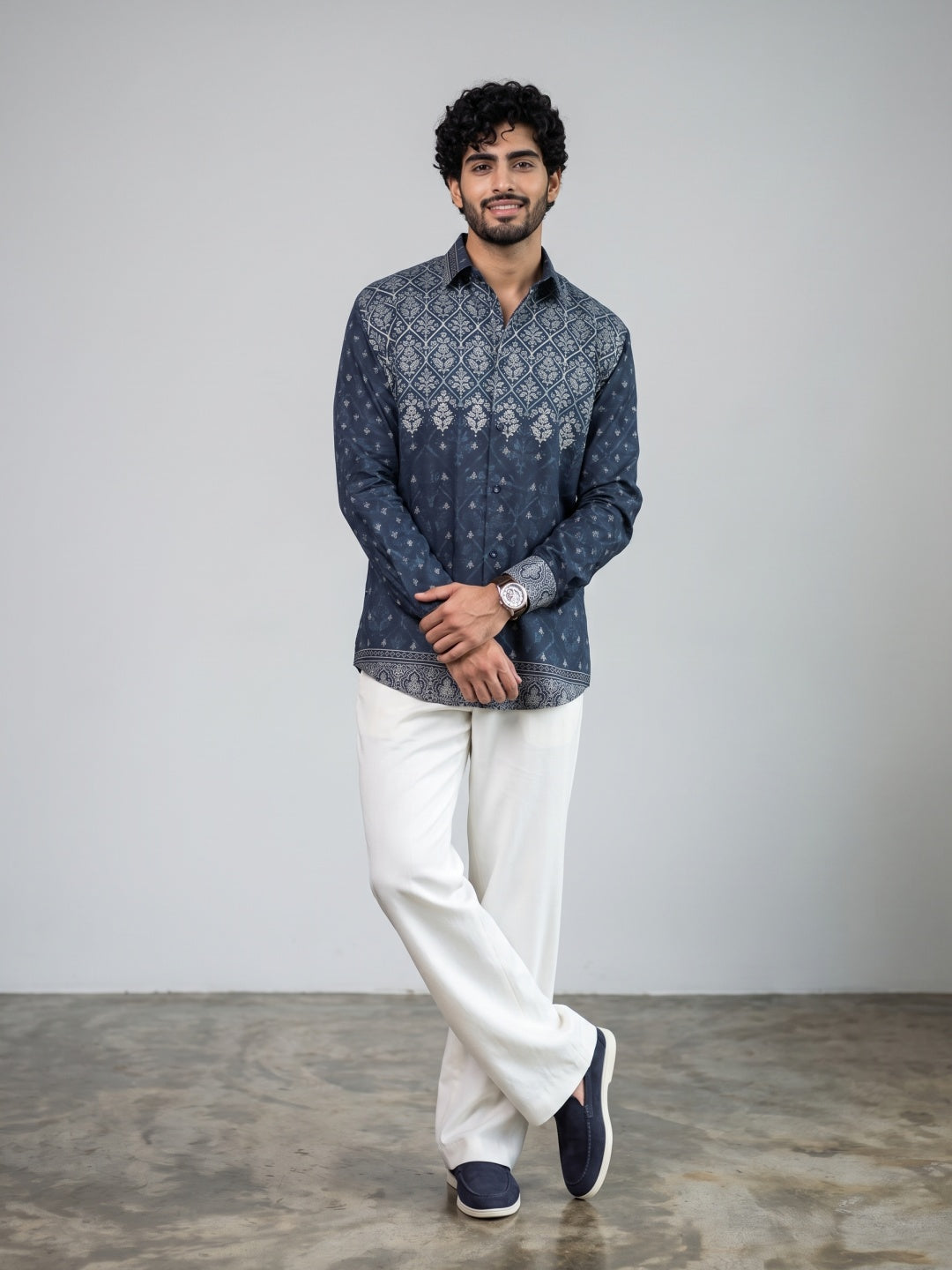 Blue Geometric Floral Printed Tencel Slim Fit Shirt