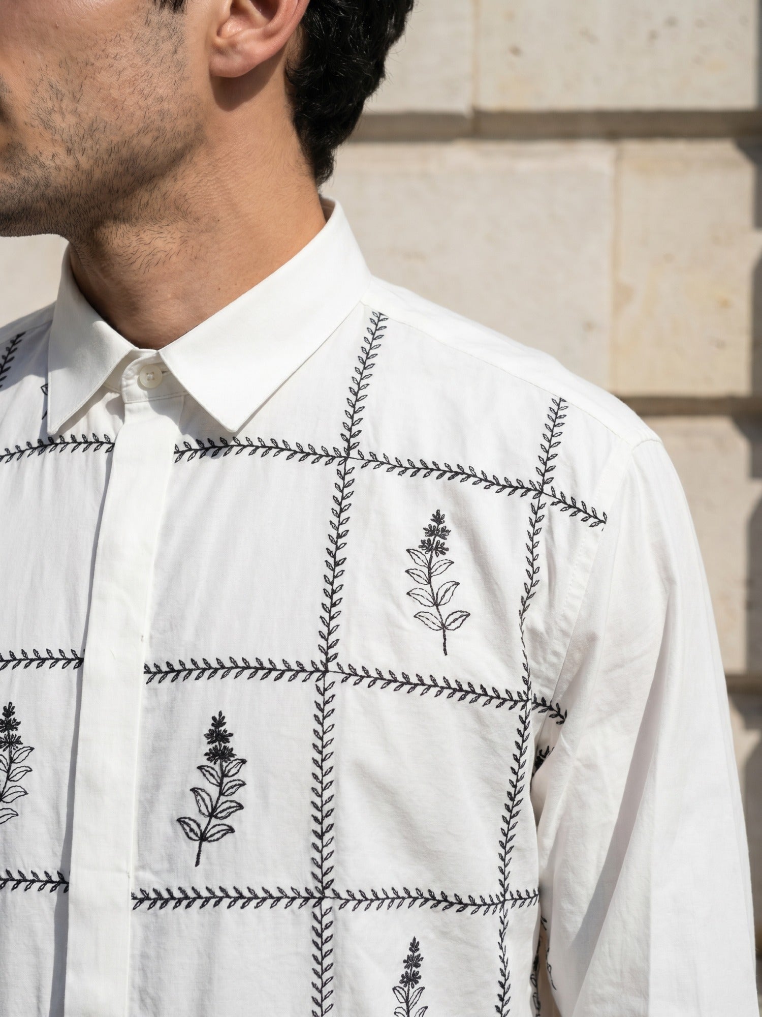 White Leaf Embroidered Cotton Slim Fit Shirt For Men