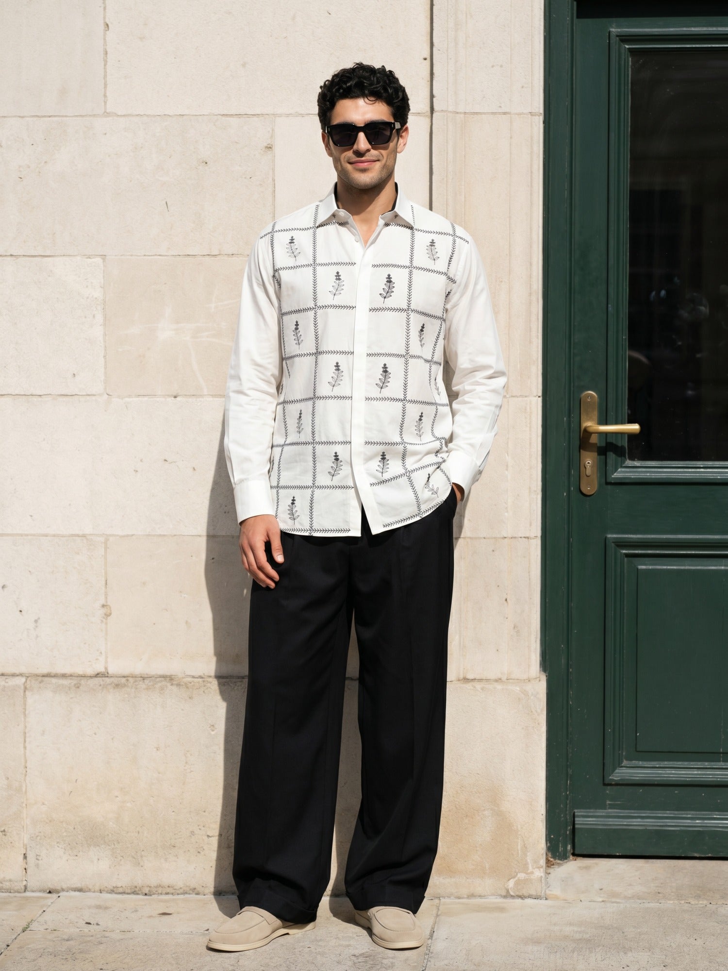White Leaf Embroidered Cotton Slim Fit Shirt For Men
