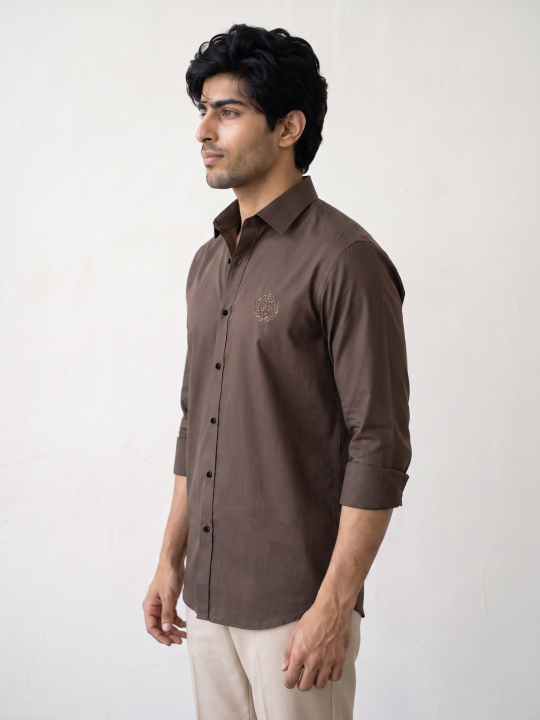 Brown Terry Rayon Slim Fit Shirt with Embroidery