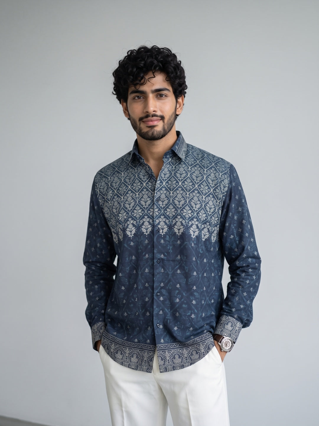 Blue Geometric Floral Printed Tencel Slim Fit Shirt